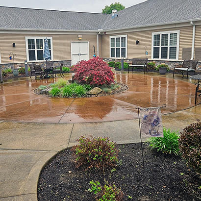 The courtyard at Vitalia Westlake, featuring abundant flower beds.
